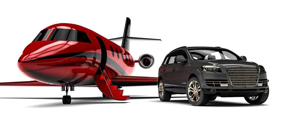 a private airplane and a luxury car