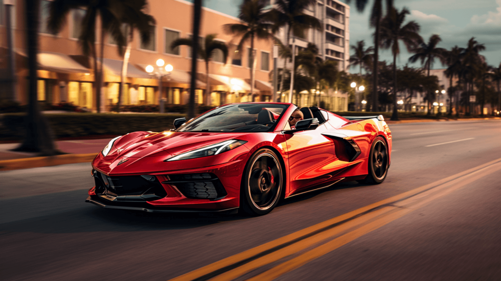 A 2023 Corvette convertible driving in Miami Beach